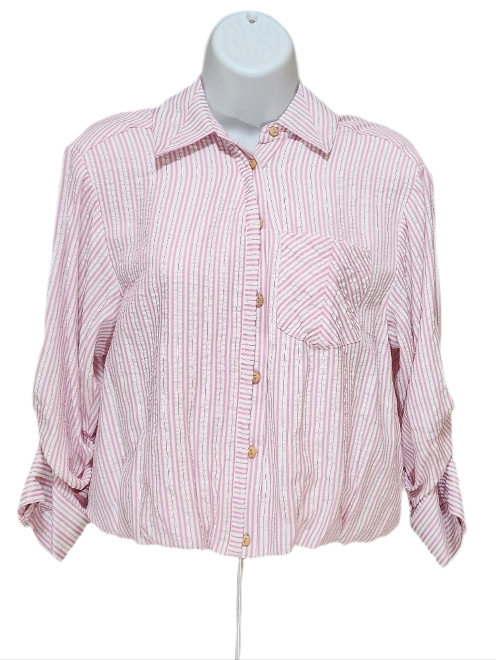 Democracy Tucked 3/4 Sleeves Button Down Bubble Hem Stripe Woven Shirt S